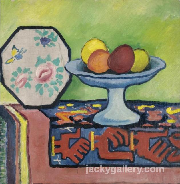 Still life with bowl of apples and Japanese fan, August Macke painting